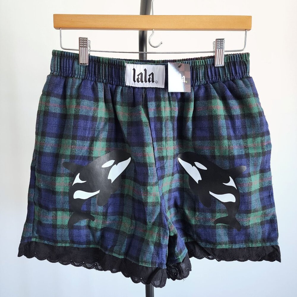 NWT Dressed in LALA Grunge Princess Orca Baby Flannel Boxer Shorts in Size M